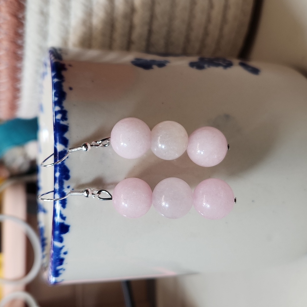 Hand Crafted Rose Quartz Round Beads 925 Hardware Earrings - Picture 1 of 4